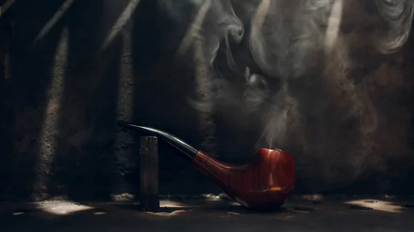 Dohányzó Cső Cseresznyefa Anyag Acél Háttér Dohány Füst Fénysugarak — Stock Fotó