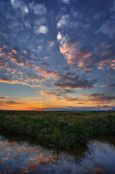 Krajobraz, zachód słońca nad trawiastą Bagno — Zdjęcie stockowe