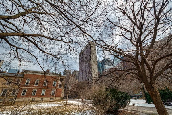 Un parco cittadino con edifici — Foto Stock