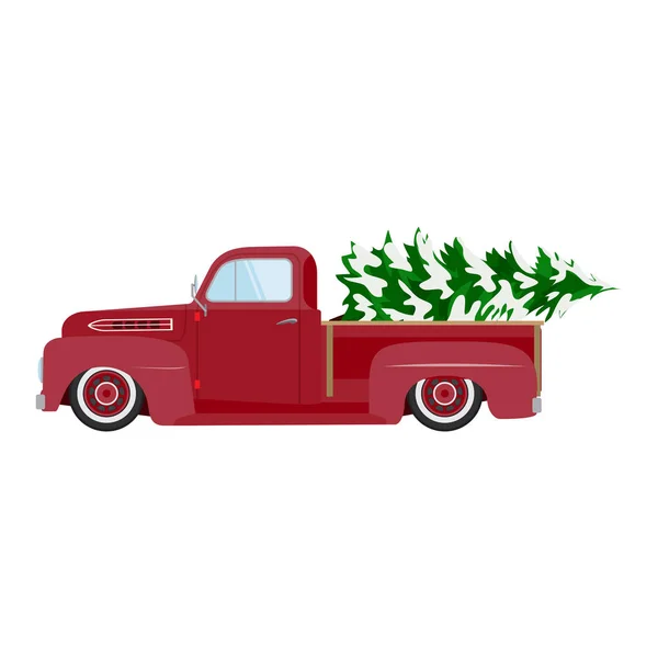 Roter Oldtimer mit Weihnachtsbaum. Weihnachtsbild. roter Pickup. — Stockvektor