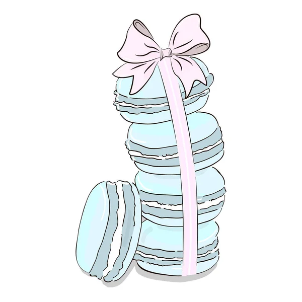 Aquarelle bleue menthe dessinée à la main pile de gâteaux macarons colorés, dessert pâtissier français. Illustration vectorielle, isolée sur fond blanc. Démarrer macaron avec arc. Clip art mode — Image vectorielle