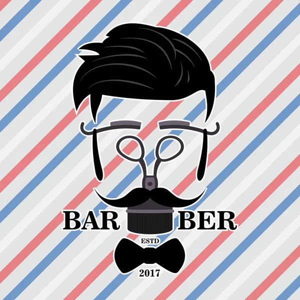 Barbeiro loja Hipster Silhouette Logo. Homem de Penteado com bigode e barba. Ícone de cabeleireiro monocromático. Navalha, tesoura bigode barba arco símbolos —  Vetores de Stock