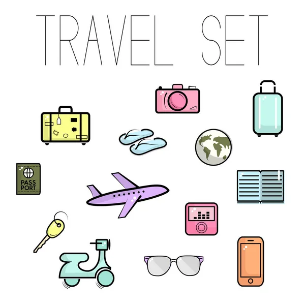 Juego de viaje en vector. Ilustración colorida de vacaciones. Accesorios de viaje: equipaje, gafas de sol, ciclomotor, avión, llave, pasaporte, teléfono, cámara, chanclas. Elegante ilustración turística. Iconos de aventura — Archivo Imágenes Vectoriales