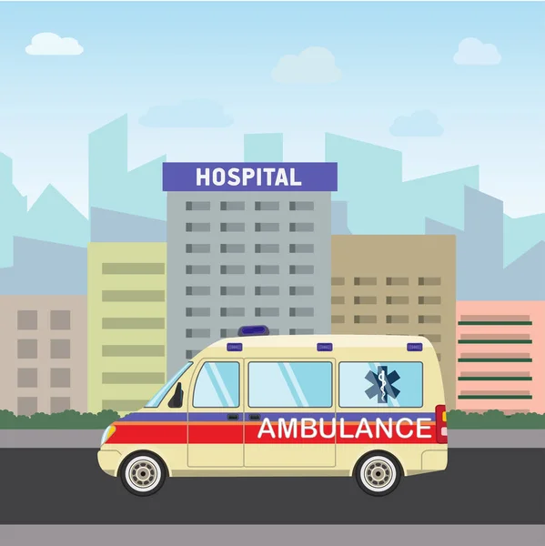 Ziekenhuis van de stad gebouw met ambulance vlakke design — Stockvector