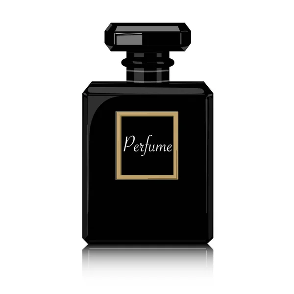 Parfüm vektör yazdırma. Siyah şişe haute couture, güzellik şık resimde. Aroma sıvı. Kozmetik parfüm — Stok Vektör