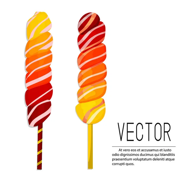 Vectorillustratie lollipop. Ombre snoepjes gele rode karamel dessert op stick. Suiker spiraal voedsel snack voor kinderen. Kinderen glanzend oranje kleurige cane — Stockvector