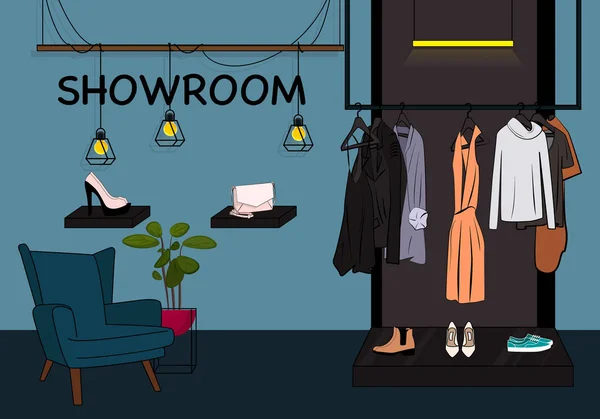 Ilustración de escaparate de ropa vectorial. Showroom closet con chaqueta, vestido y camiseta en percha, zapatos en escaparate. guardarropa mujer, tienda de moda al por menor — Vector de stock