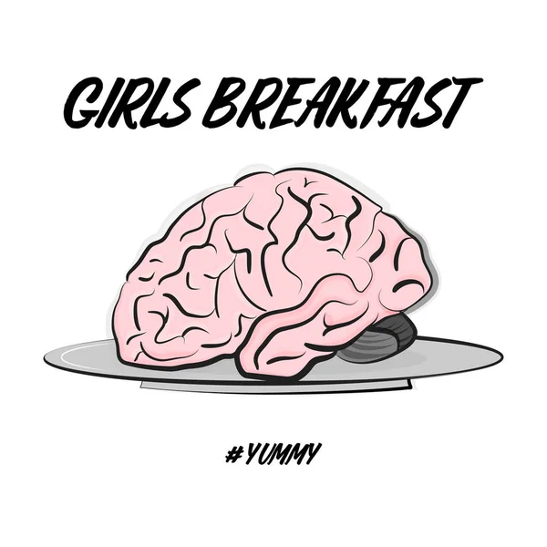 Векторне поп-арт 90-х жіноча ілюстрація: мозок на тарілці - сніданок для дівчат. Модний мультиплікаційний принт моди. Піктограма коміксів. Соціальна жінка наклейка — стоковий вектор