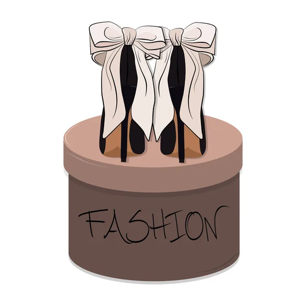 Ilustração de salto alto vetorial. Sapatos sexy Stiletto em fundo de embalagem caixa redonda. Impressão de compras, calçado de presente de varejo — Vetor de Stock