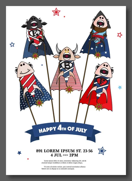 Карточка Дня Независимости США. Праздник 4 июля с фейерверками, флагом, звездами. Счастливого праздника объединенной Америки. Патриотическое оформление, мемориальный символ — стоковый вектор