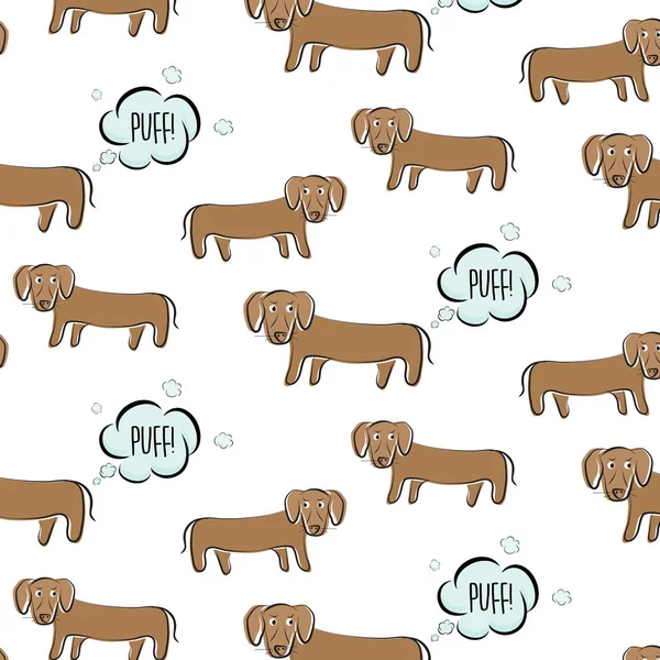 Ilustração vetor dachshund engraçado. Peido de cão com rosto surpreso. Cachorrinho de desenhos animados a fazer gás, mau cheiro de humor imprimir. Feio pequeno animal de estimação doméstico figura —  Vetores de Stock