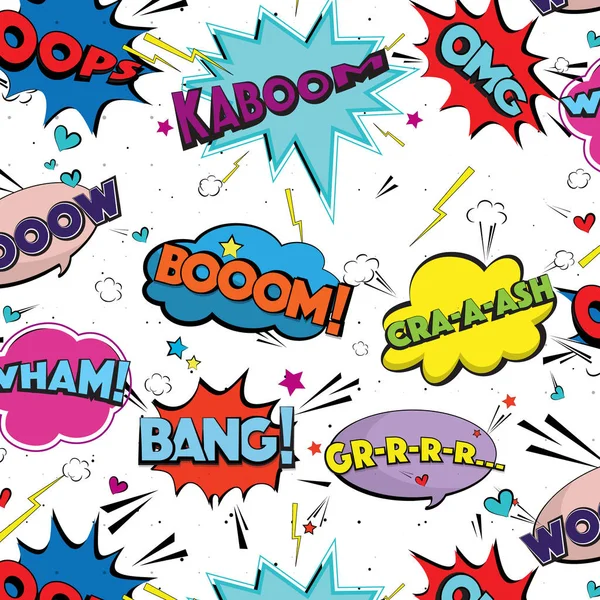Vektor Comic Sprache Pop-Art Blasen und Spritzer. buntes Set mit unterschiedlichen Emotionen und Textknall, Boom, Crash, grr. emotionale bunte Graffiti-Muster. Dekoration Schrift dynamische Cartoon-Dekoration — Stockvektor