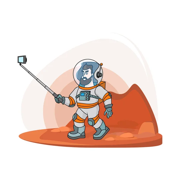 Vector platte astronaut selfie maken. De mannen van de moderne creatieve illustratie met telefoon in universum op rode planer met selfie stick. Kosmos ruimte reizen op de maan print — Stockvector