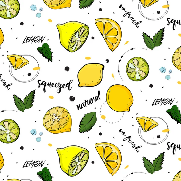 Vector decoração de verão na moda. Desenho de frutas de limão com folhas de hortelã. Textura doce vegetariana natural fresca e suculenta. Desenho exótico tropical tecido — Vetor de Stock