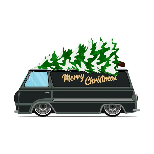 Auto verde vintage con albero di Natale. Foto di Natale. Camion verde . — Vettoriale Stock