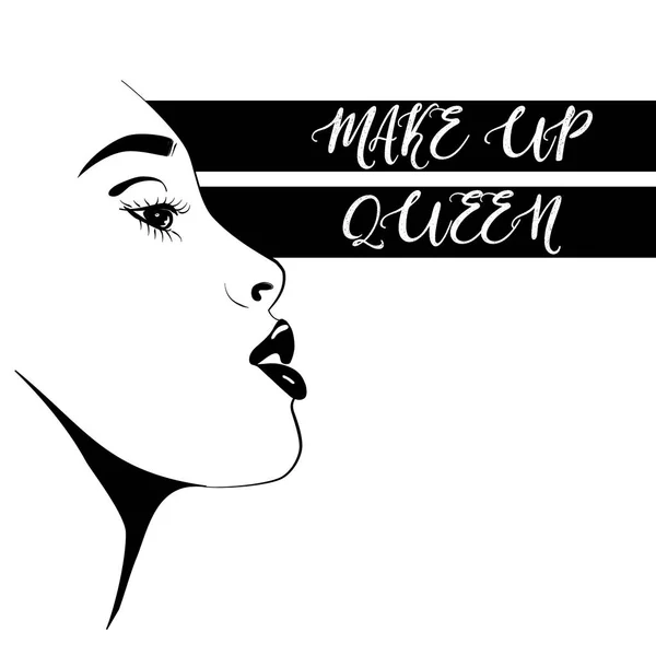 Vector cara de mujer hermosa. Belleza blogger ilustración aislada sobre fondo blanco. Cara de moda maquillaje reina. Banner de arte de línea de retrato. Modelo de cosmetología con labios negros sexy — Vector de stock