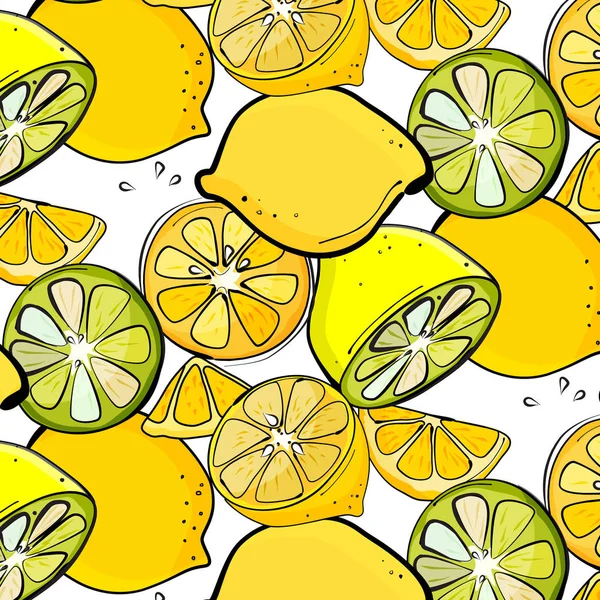 Gráfico de limão orgânico vetorial. Ilustração de suco de citrinos de fatia fresca. Textura orgânica alimentar. Padrão de natureza com fatias de limão. Frutos colhidos à mão — Vetor de Stock