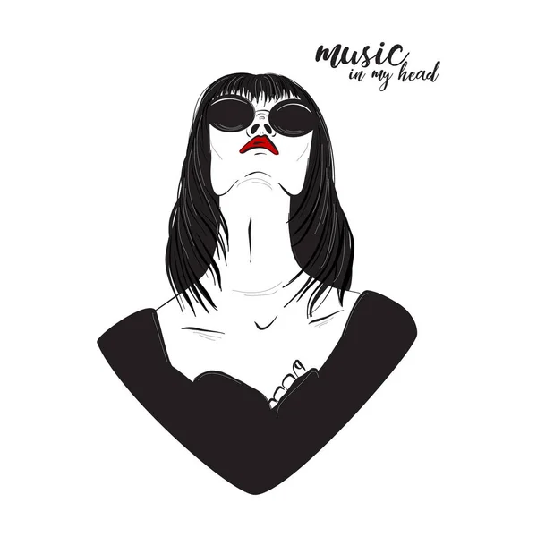 La musique dans mon coeur vecteur art. Noir blanc ligne art de la femme avec des lèvres rouges portant des lunettes de soleil. Cool contour graphiques de travail sombre. Lettrage typographie couverture — Image vectorielle