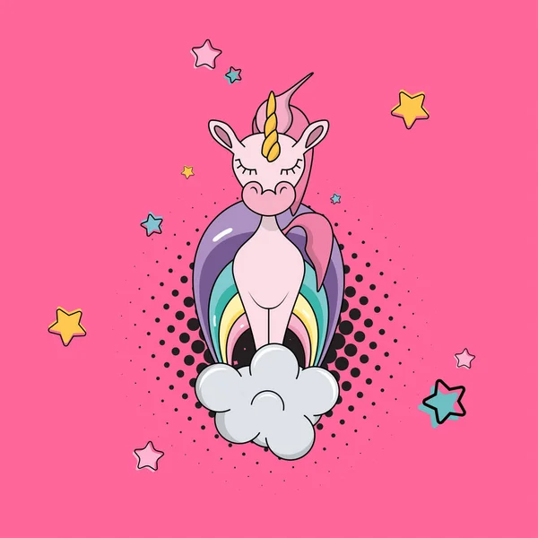 Vector plano divertido unicornio mágico en la nube aislado sobre fondo rosa. Estilo de dibujos animados. niños emoji sonrisa carácter. Expresión facial animal y emoción. Caballo rosado de hadas. Ilustración infantil . — Vector de stock