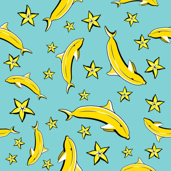 Vitamin tasty bananas dolphin pattern. Tropical food vegetarian organic background.Yummy summer cover — Stock Vector