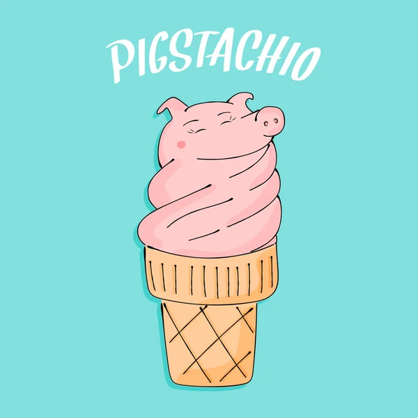 Pigstachio 벡터 귀여운 아이 그림. 아이스크림 와플 콘 클립 아트에서의 귀여운 돼지 여름 t-셔츠 인쇄 — 스톡 벡터