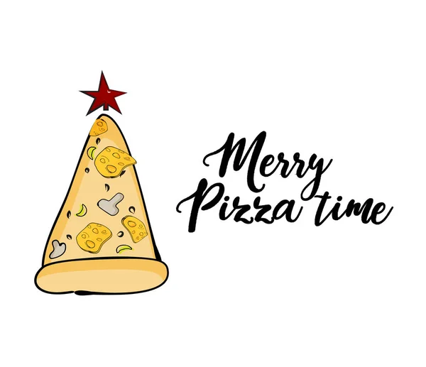 Vector funny Christmas greeting card with pizza evergreen tree and star. Merry pizza time quote text. Digital funny illustration, happy family winter holidays — Stock Vector