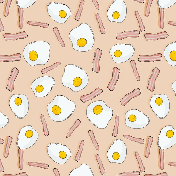 Vector bacon e ovos ilustração. Refeição de pequeno-almoço no café. Comida tradicional da omelete da manhã. Antecedentes com bacon e ovos mexidos. Pequeno-almoço sem costura padrão . — Vetor de Stock
