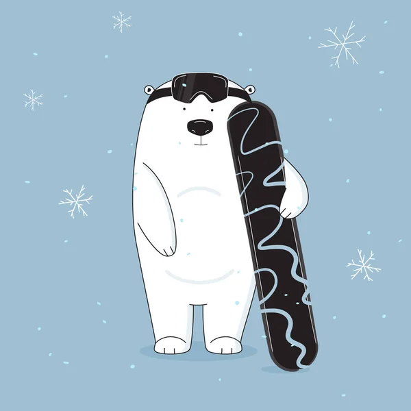 Vector fresco y lindo oso en la ilustración de snowboard. Banner dibujado a mano de dibujos animados de animales. Tarjeta de felicitación de vacaciones de invierno bebé. Impresión de Navidad — Archivo Imágenes Vectoriales