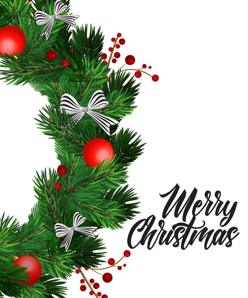 खजूर के पेड़, धारीदार धनुष, पाइन शंकु, पवित्र जामुन और माला सजावटी तत्वों के साथ क्रिसमस पुष्पांजलि सजावट। 2018 नए साल के डिजाइन। आधुनिक ग्रीटिंग बिजनेस कार्ड — स्टॉक वेक्टर