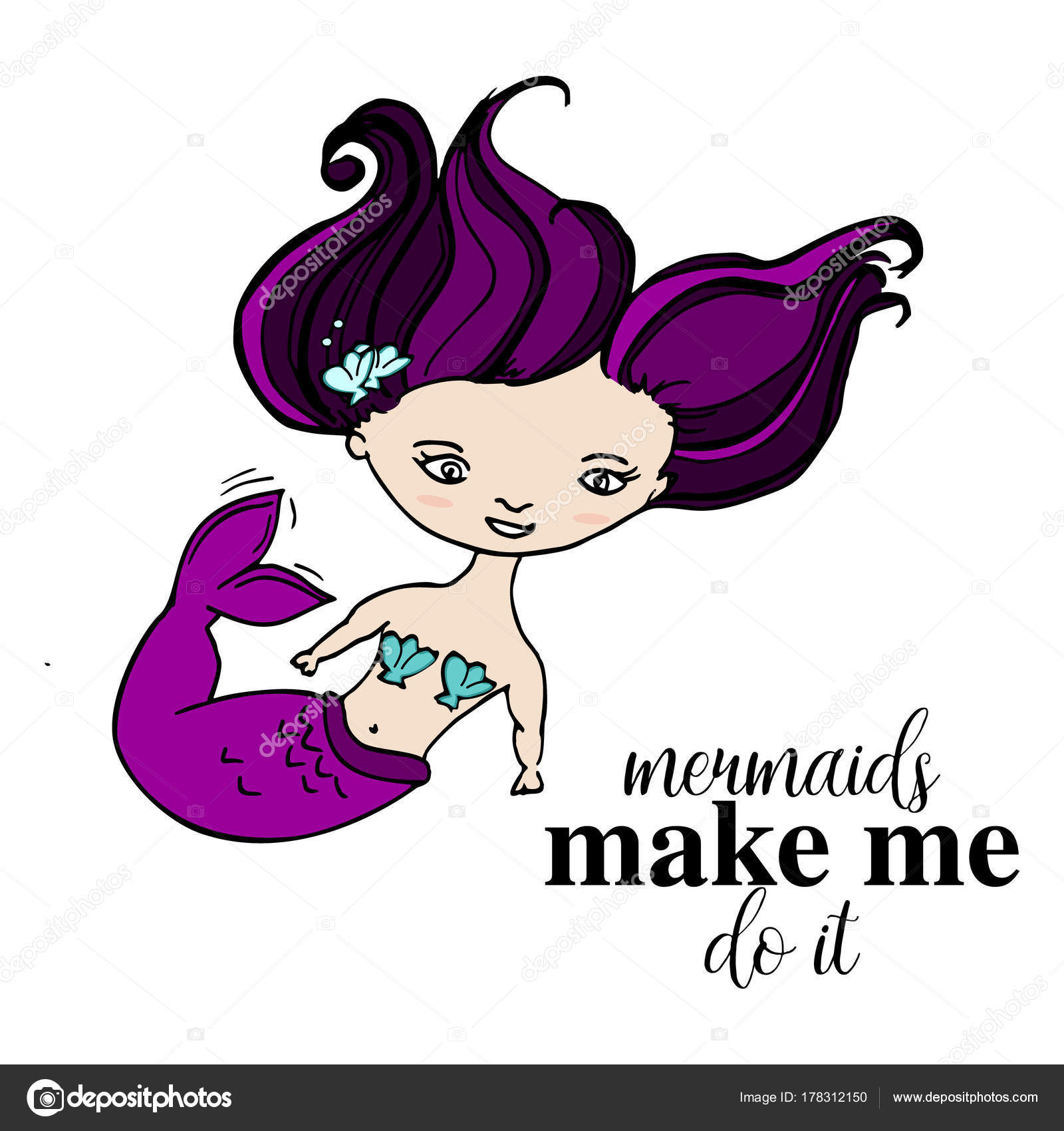 紫の髪と貝殻のポスターと人魚かわいい夏ファンタジー妖精尾海洋