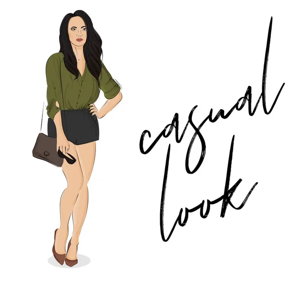 Cartel de estilo calle vectorial. Ilustración de moda mujer joven con el pelo largo, usando blusa, pantalones cortos, bolso, gafas de sol. Traje de negocios. Bosquejo estilo casual de la calle. Colección de moda. Cartel revista — Vector de stock