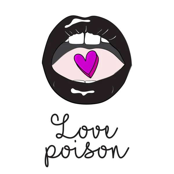 Lippen met hart muur poster. Feministische offerte. Cool moderne lippen met grafische toespraak concept. Vrouw mode liefde poison etiket teken. 2018 kunst — Stockvector