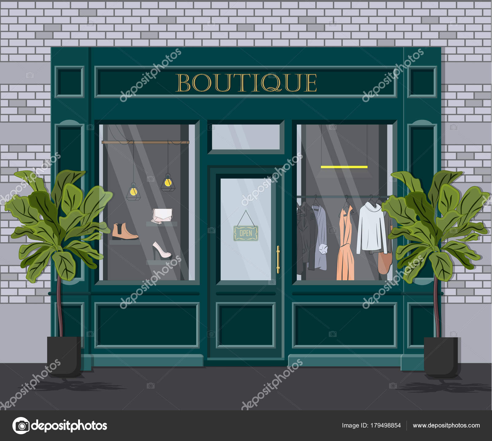 Graphic vector facade vintage boutique. Detailed Illustration of a
