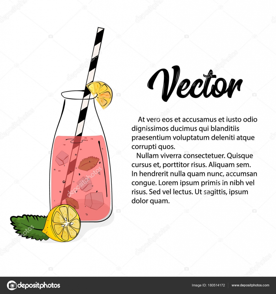 Hand drawn pink lemonade illustration. Vector lemon slice, glass jar