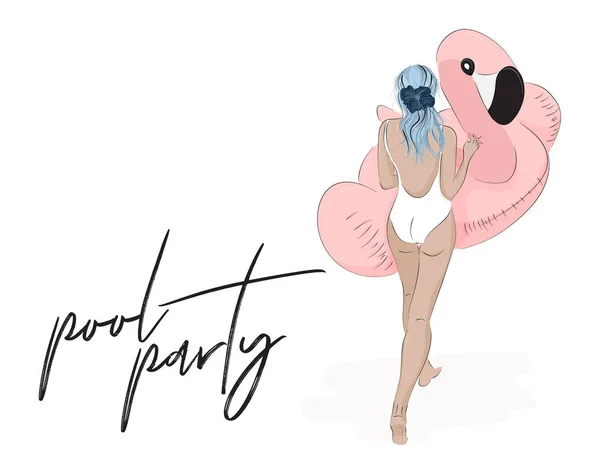 Pool party plakat. Wektor ilustracja moda z dziewczyna relaksujący na nadmuchiwane flamingo. Weekendy w okresie letnim. Kobieta w stroju kąpielowym, posiadający duży ptak. Tło wakacje ładny — Wektor stockowy