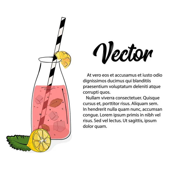 Hand dras rosa lemonad illustration. Vektor citron skiva, glasburk med jordgubbs saft, is, mynta blad och ränder tube. Enkel skiss av hemmagjord sommar drink mall. Mat-presentation — Stock vektor