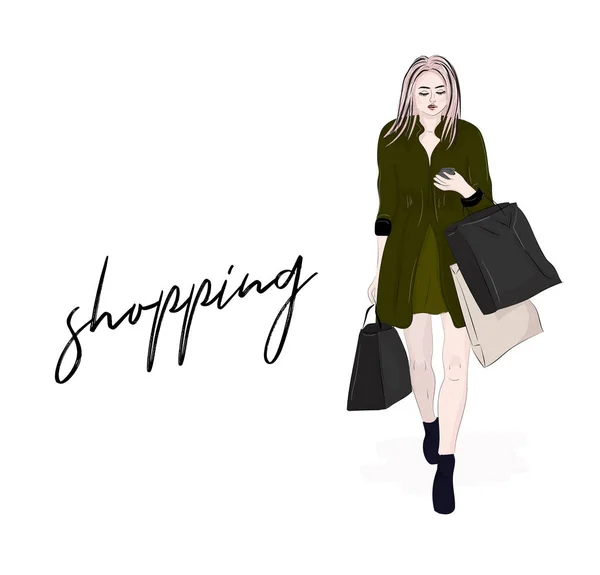 Vektör Şık Kadın Alışveriş Gidiyor Sms Okuma Elinde Alışveriş Çantalı — Stok Vektör