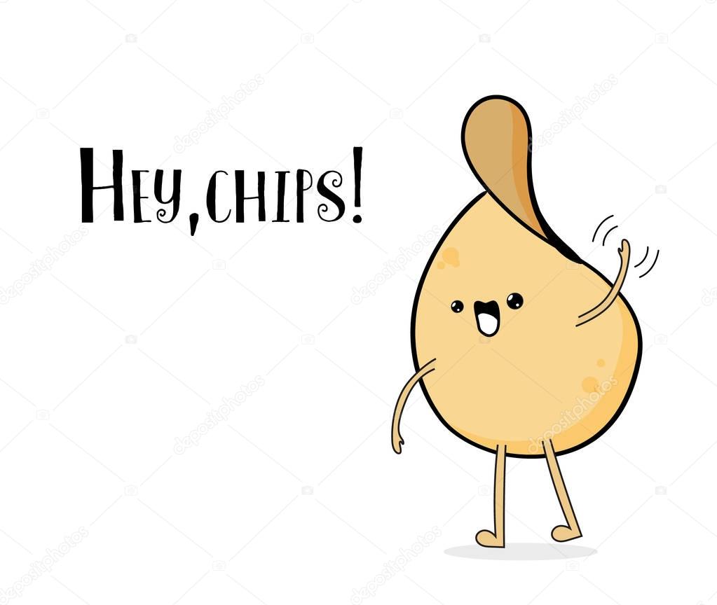 Vector funny cartoon potato chips waving. Cute quote illustration. Children food character for advertising. snack symbol