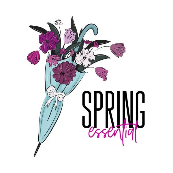 Vektorillustration Våren Viktigt Vacker Blombukett Blommor Paraply Anbud Romantisk Tulpaner — Stock vektor