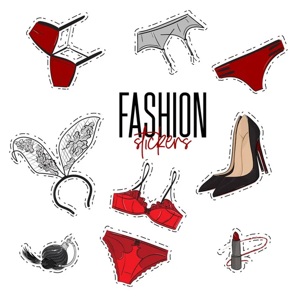 Woman Trendy Fashionable Stickers Bra Panties Intimates Perfume Garnet Lipstick — Stock Vector