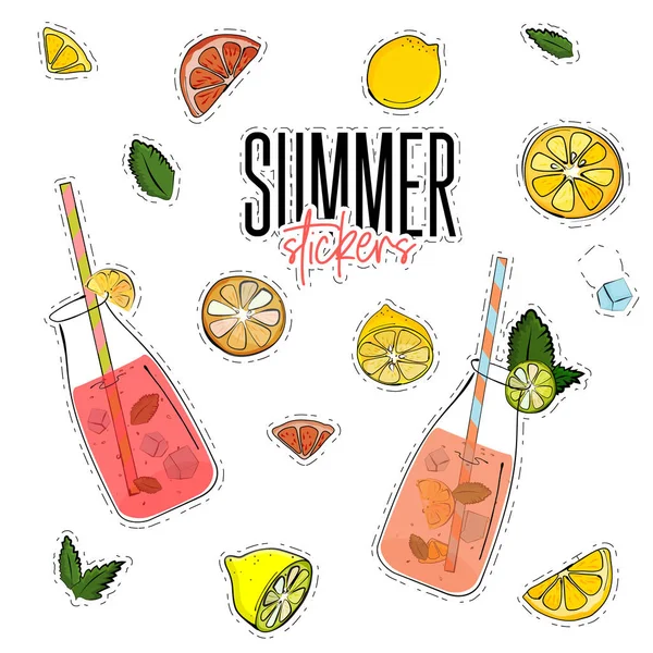 Vector Summer Set Lemonade Jar Lemons Mint Ice Cubes Oranges — Stock Vector