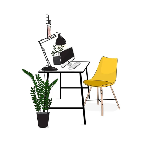 向量办公室工作场所与计算机和植物 舒适的现代创意工作空间与黄色椅子 平面阁楼工作室概念 家居舒适的生活方式公寓模拟 — 图库矢量图片
