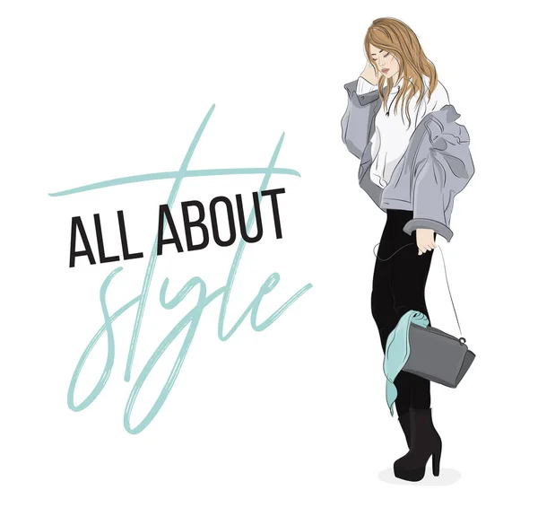 Vectorillustratie Mode Casual Look Outfit Vrouw Denim Jasje Broek Hooodie — Stockvector