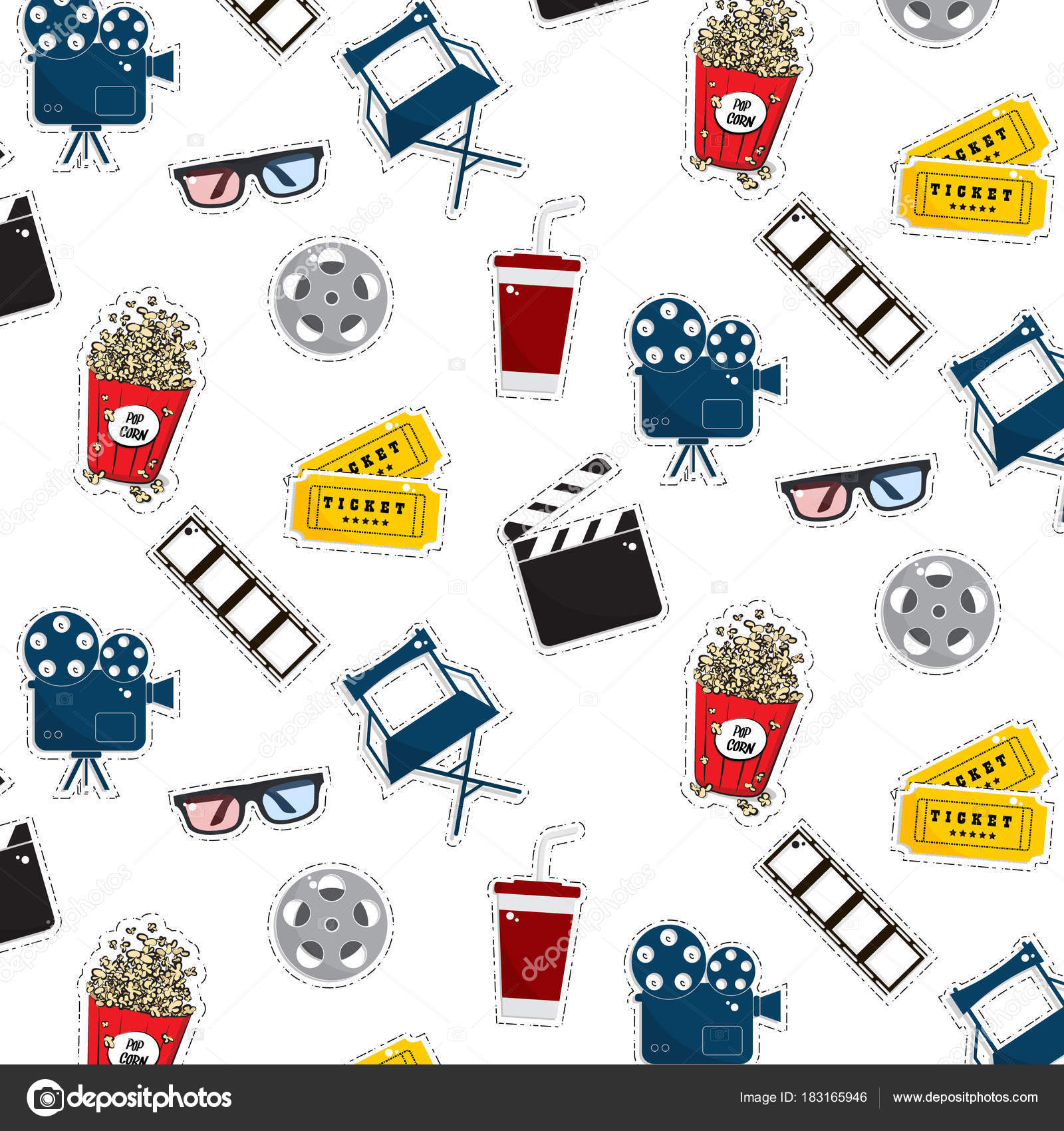 Vector Flat Cinema Stickers Pattern Movie Camers Tickets Popcorn Glasses Chair Filmstrip Tv Symbol Illustration Texture Modern Graphic Design Film Production Outline Set Vector Image By C Lu Bondarieva Gmail Com Vector Stock