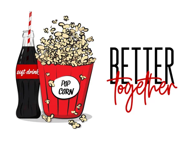 Boîte à pop-corn vectorielle et concept de bouteille de boisson gazeuse. Modèle de publicité de bannière de film. Grand récipient en carton rouge rempli de maïs pop et de soude en verre avec modèle de tube. Esquisse affiche texte . — Image vectorielle