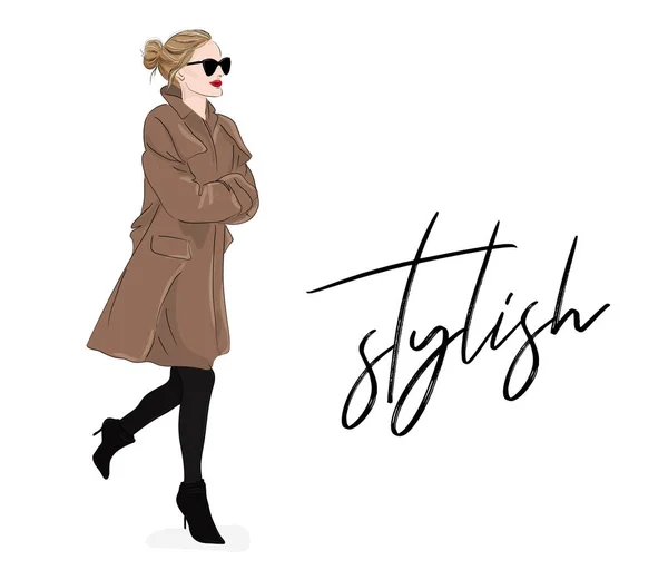 Illustration Vectorielle Mode Fille Manteau Beige Lunettes Soleil Printemps Automne — Image vectorielle