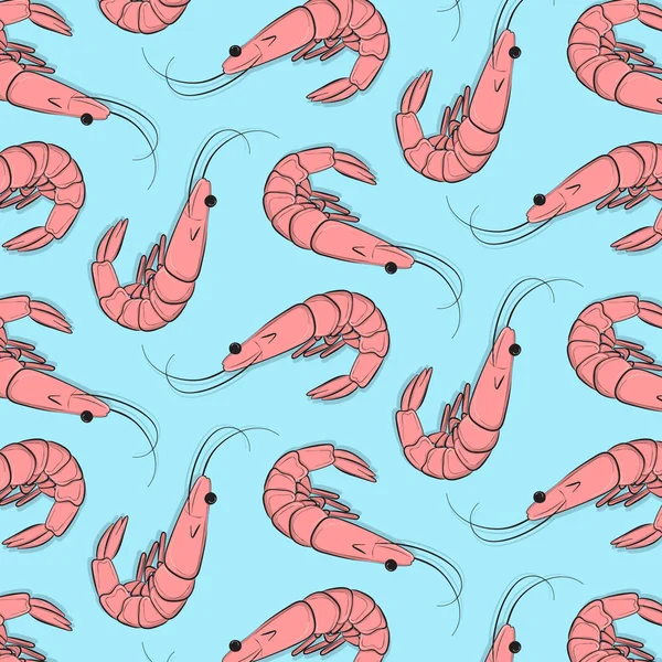 Vector Sea Food Pattern Pink Shrimps Blue Background Funny Kids — Stock Vector