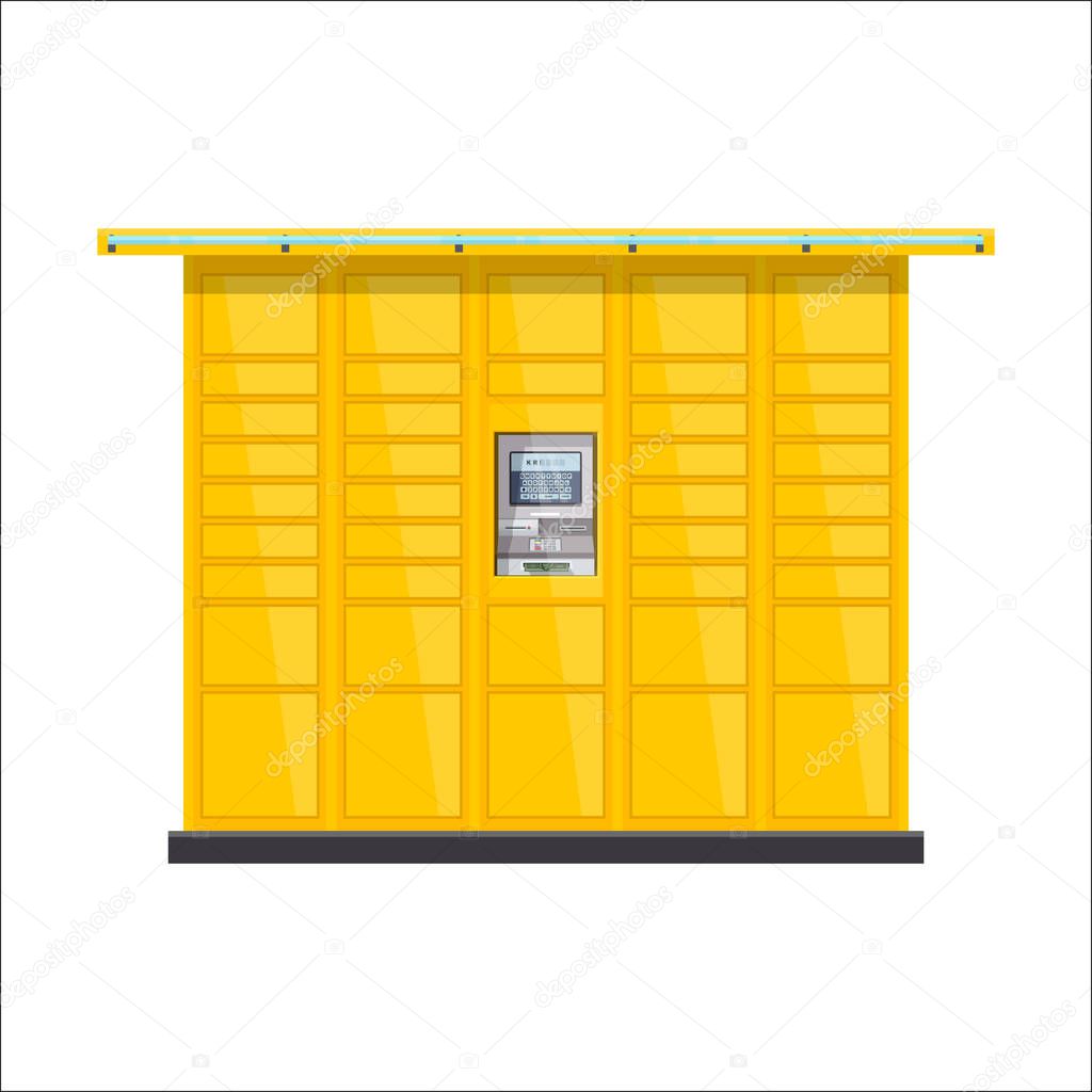Vector post automat illustration. Postomat branded self-service boxes. Modern technology delivery service machine. Automation service software office. Commerce sign