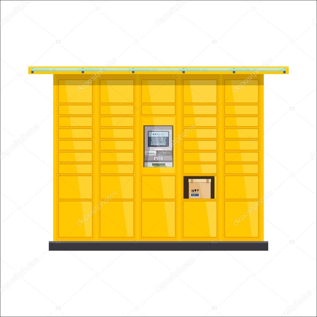 Vector post automat illustration. Postomat branded self-service boxes. Modern technology delivery service machine. Automation service software office. Commerce sign