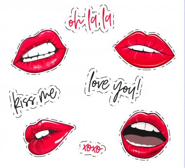 Vector lips stickers. Fashion glamour pink sexy lips labels. Beautiful set with oh la la tag, kiss me quote, xoxo text, love you sign. Woman mouth trendy elements clipart